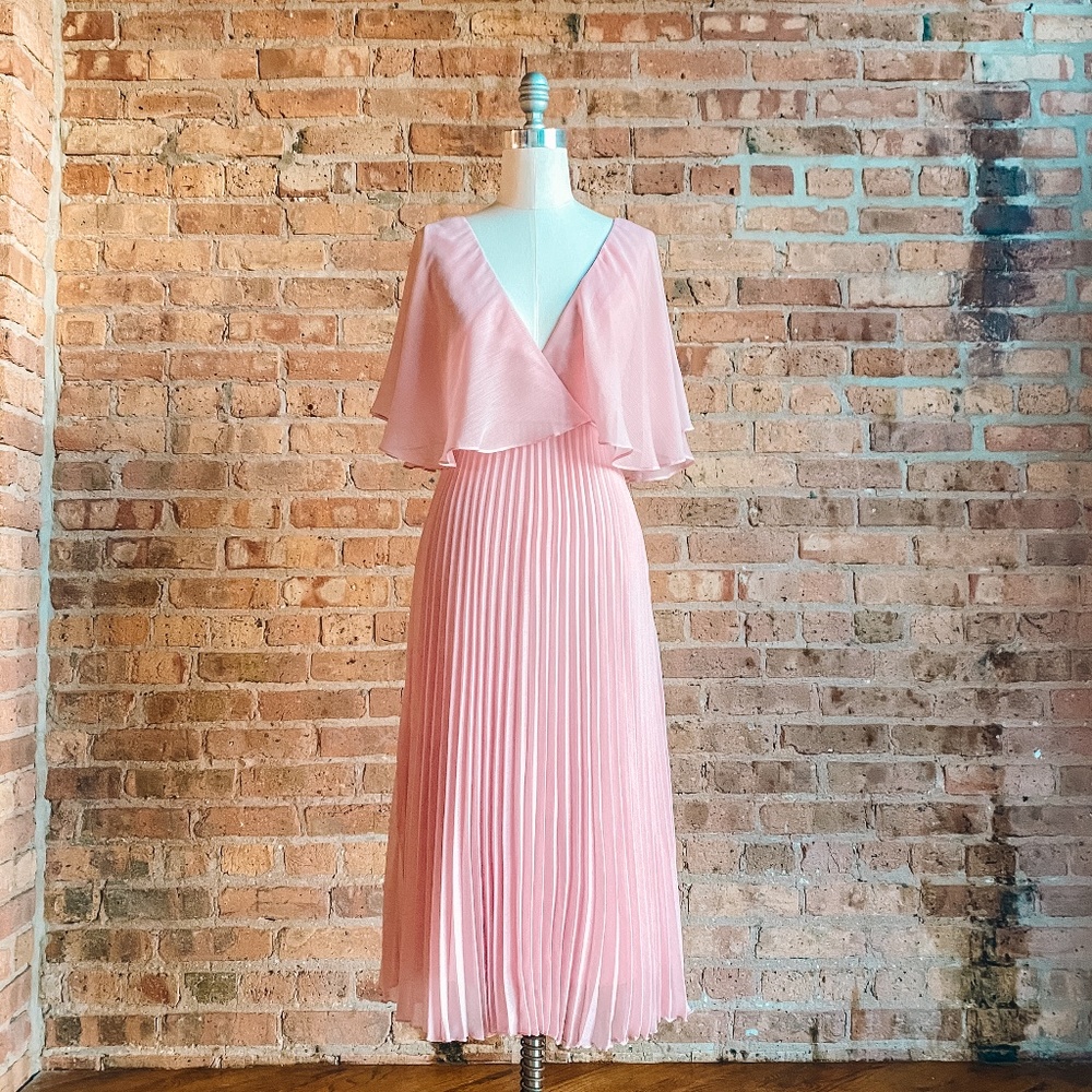 NWT Pink Chiffon Pleated Dress with Flutter Sleeve - Picture 1 of 16